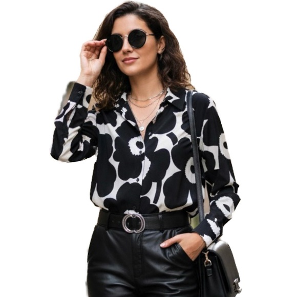 Marimekko GABRO PIENI UNIKKO blouse Long sleeve Black and off white Floral Top - Picture 2 of 13